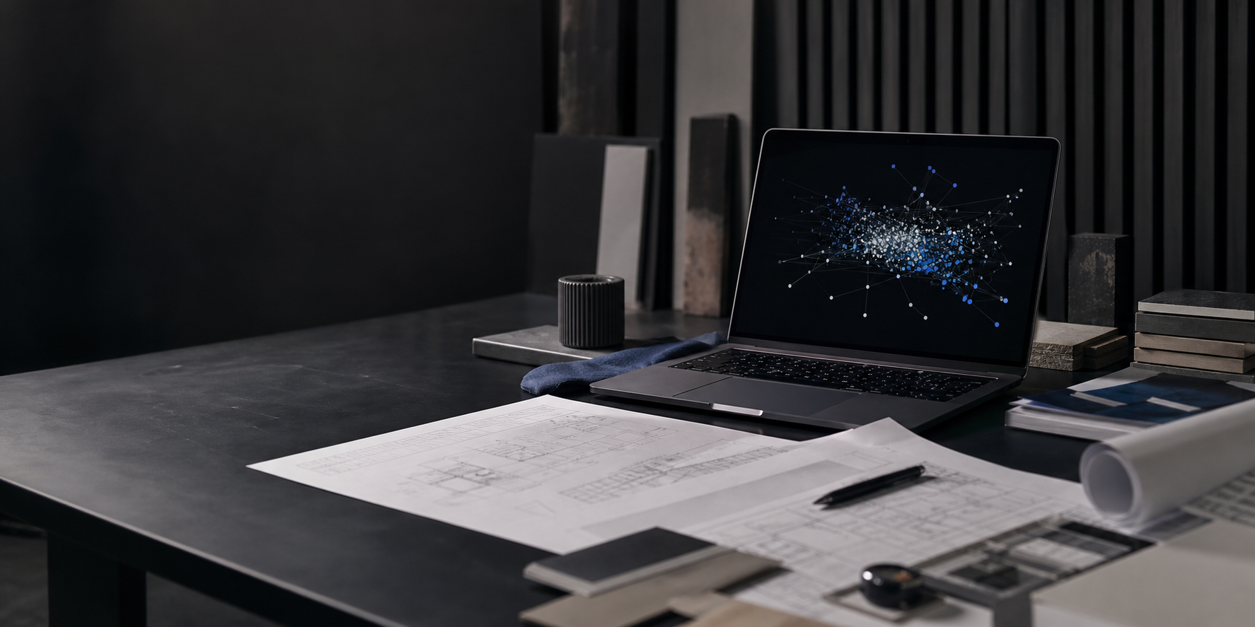 AI system on a laptop beside architectural drawings and material samples