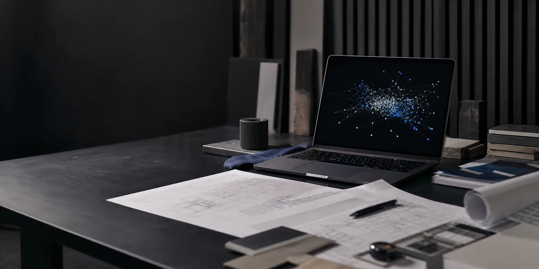 AI system on a laptop beside architectural drawings and material samples